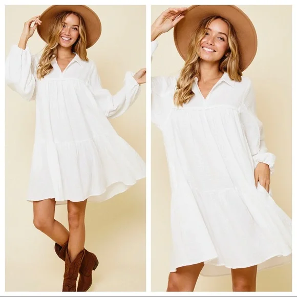 47 Boho Chic white Beautiful Long sleeve collar dress - Picture 3 of 5